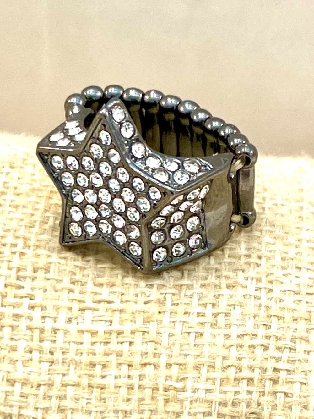 Gunmetal Star Ring Pave Crystal Rhinestone Chunky Statement Stretch Wide Band